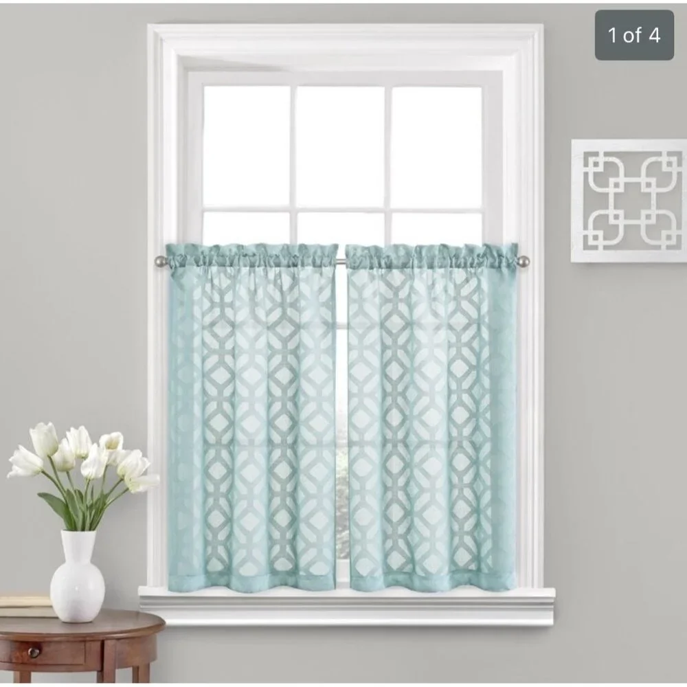 Porch & Den Orchaedia Trellis Pattern Tier Pair Light Aqua Sheer Curtains